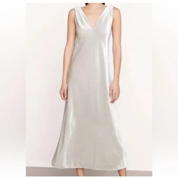 vince ruched sleeveless dress Ruched V-Neck Sleeveless Dress, Silver, Size XL